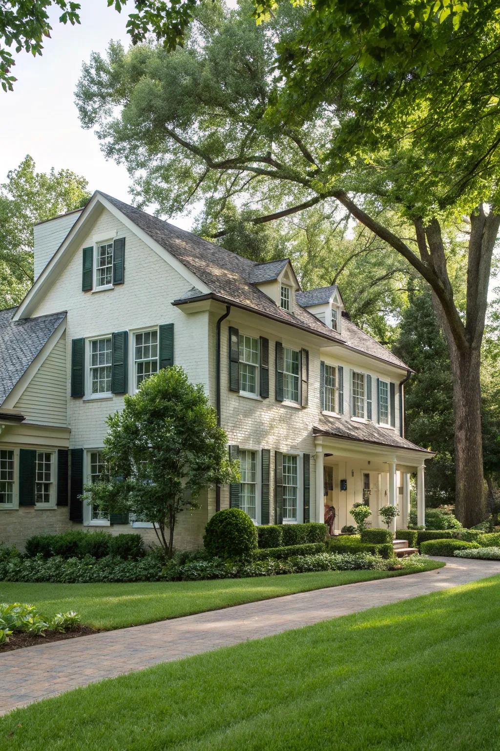 Classic home featuring stylish louvered awnings.