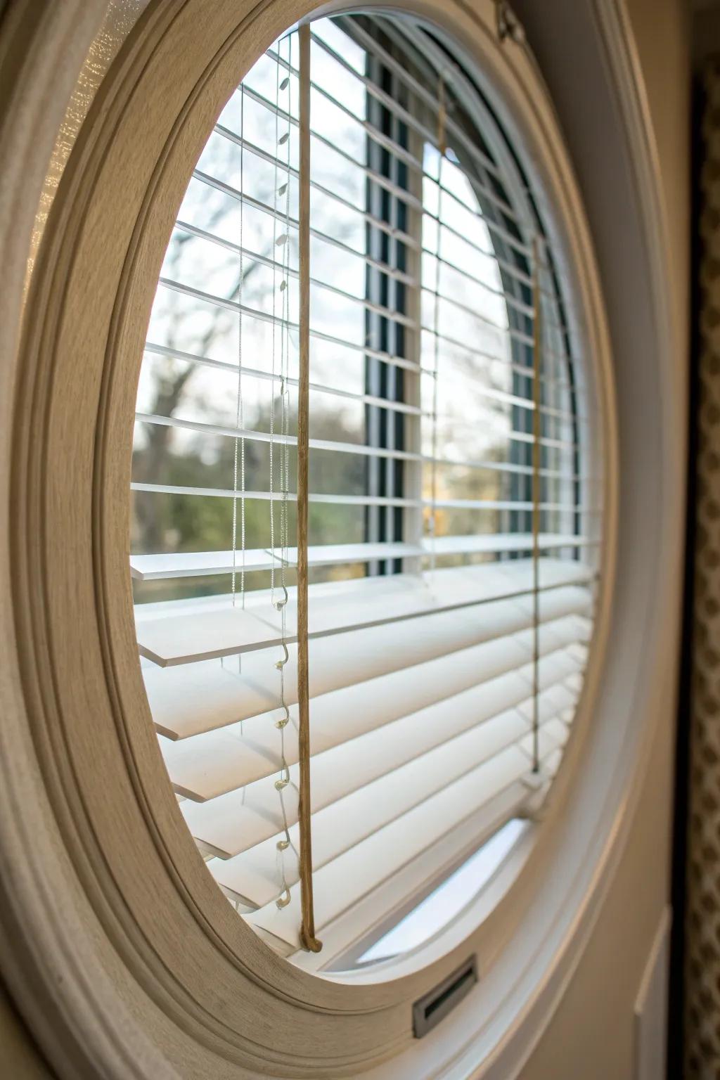 Blinds made to fit transform oval windows into refined centerpieces.