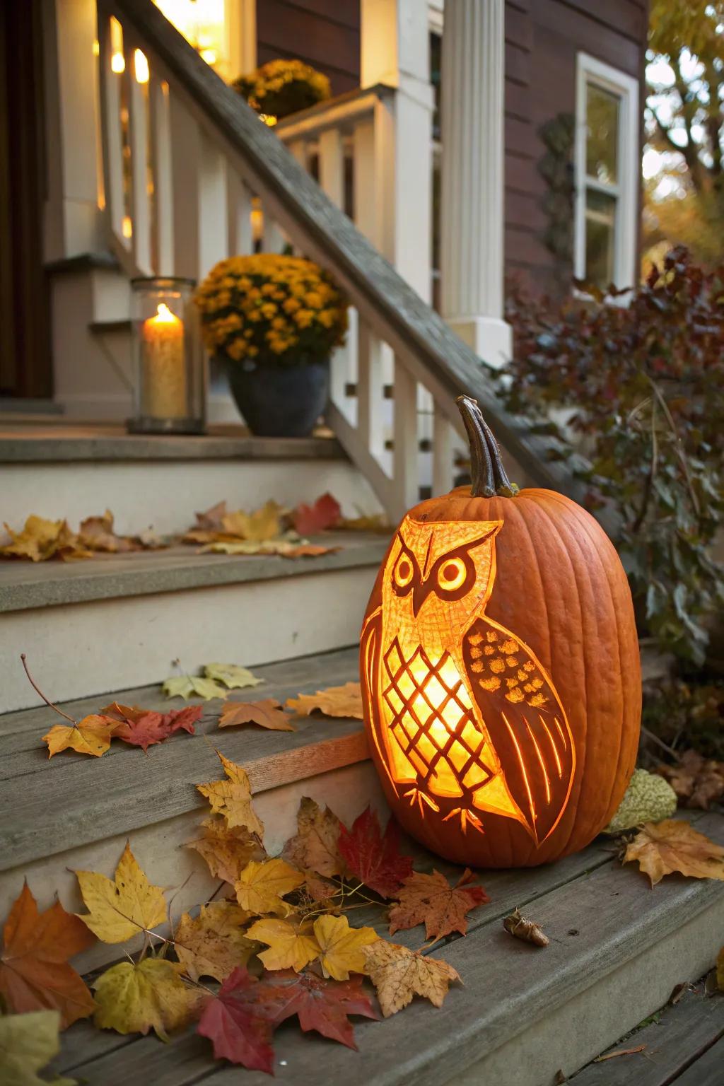 A classic feathered owl pumpkin carving, just right for a welcoming porch arrangement.
