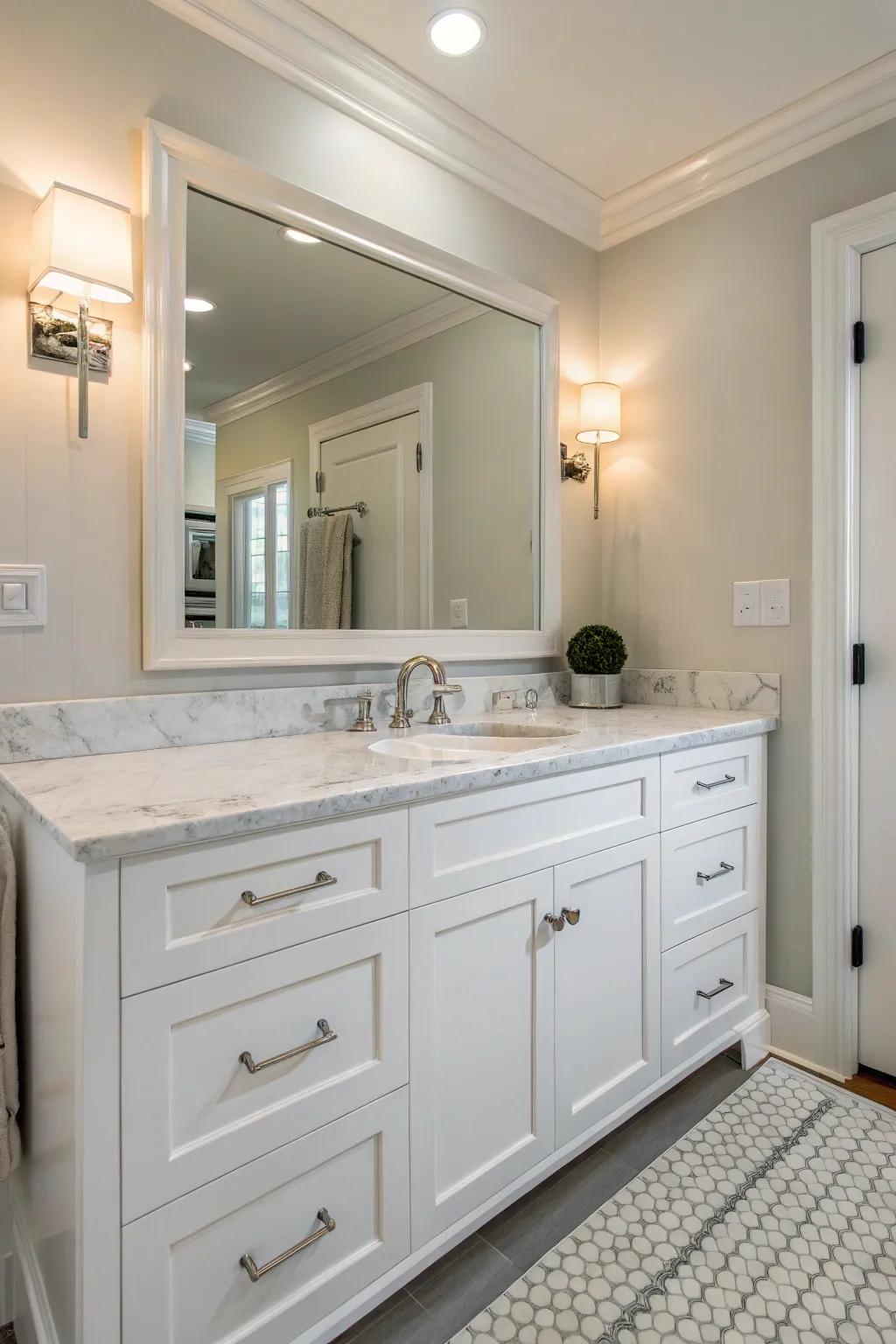 A pristine white vanity provides a sleek, modern appeal.