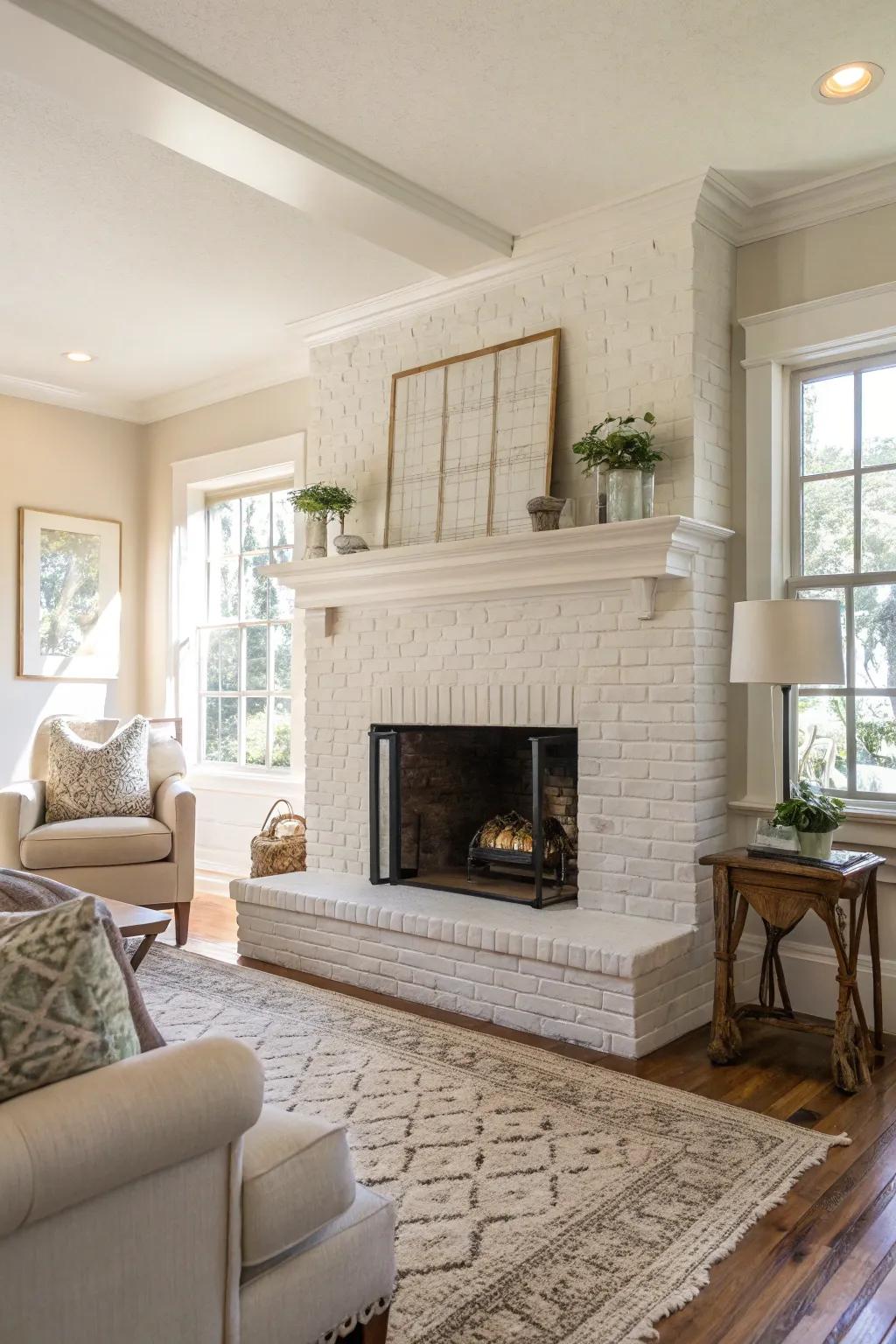 A classic white fireplace enhances the brightness of any room.