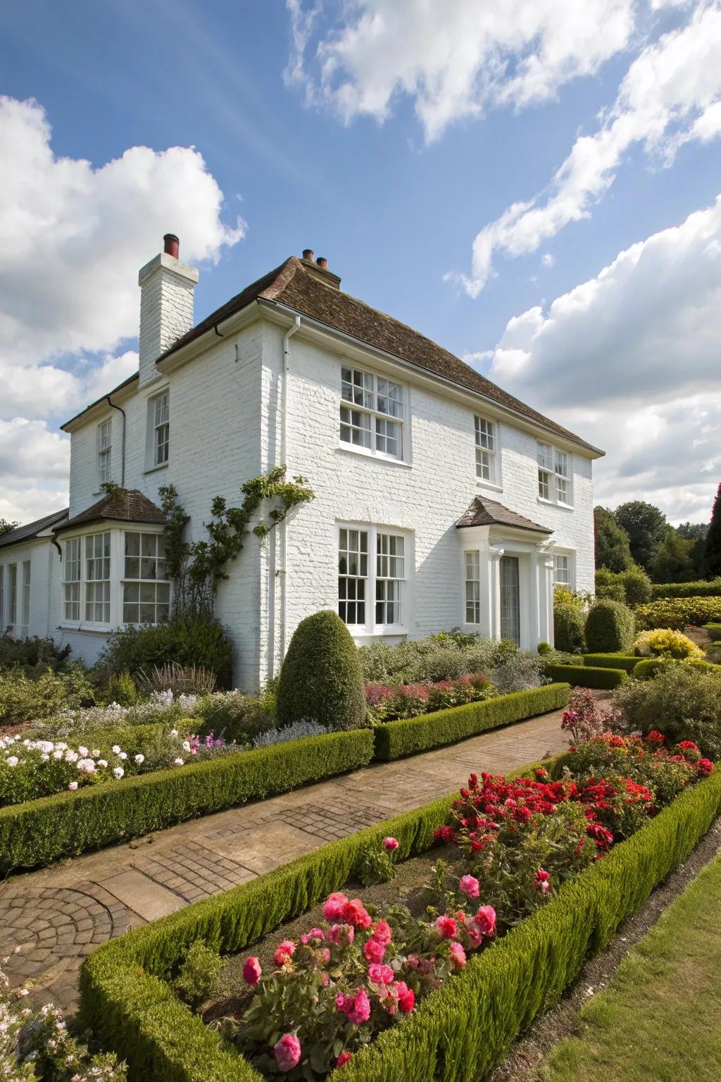 A classic white painted brick house showcases refinement and allure.
