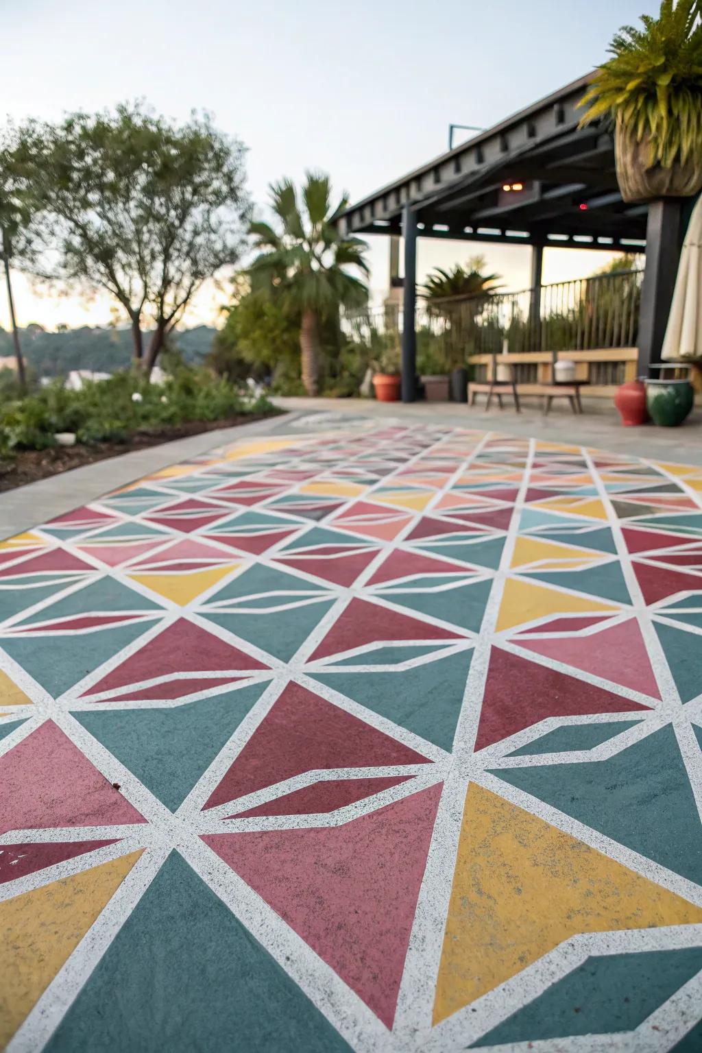 A patio featuring detailed geometric patterns that provide a modern feel.