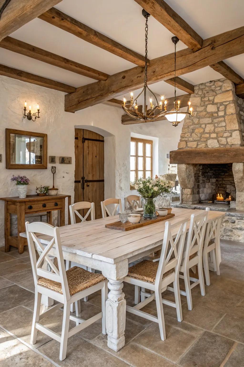 Weathered white finishing touches bring country style charm to any dining table.