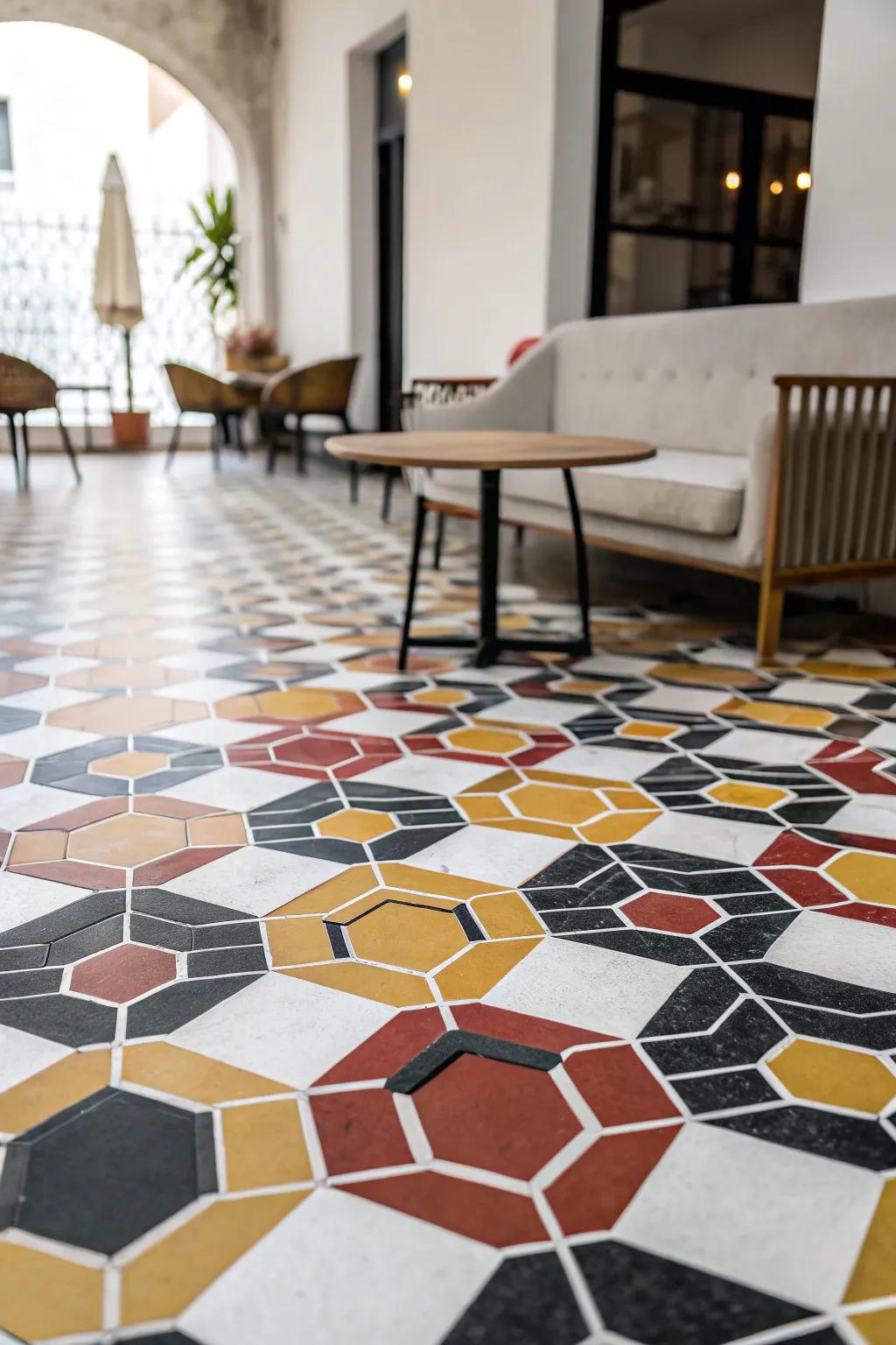 A room including strong geometric patterned floorings with hexagons, creating a modern and vibrant environment.