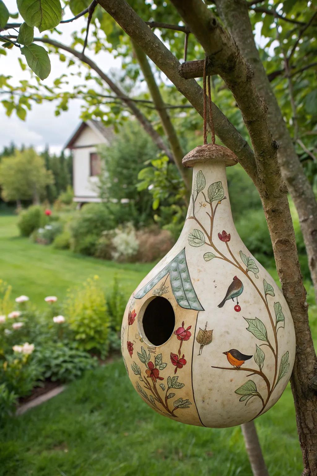 A captivating gourd birdhouse decorated with natural themes.