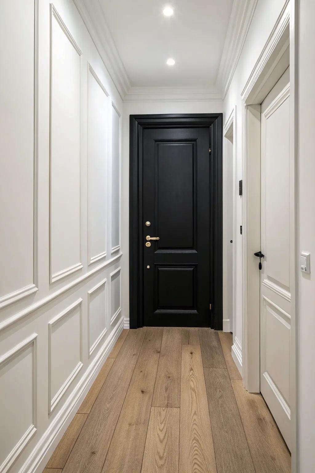 A black door makes a striking contrast in a minimalist setting.