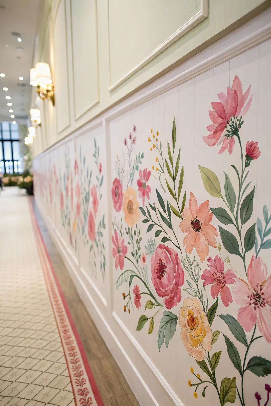A hallway enhanced with a watercolor floral border.