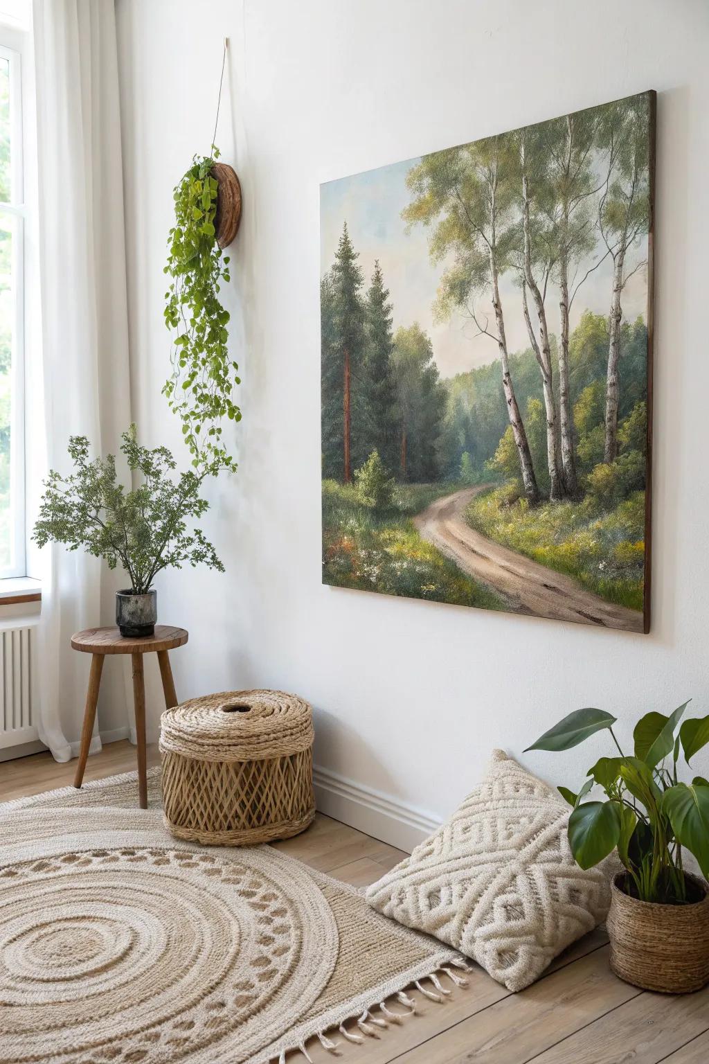 Transport the peace of the outdoors into your home through this captivating forest artwork.