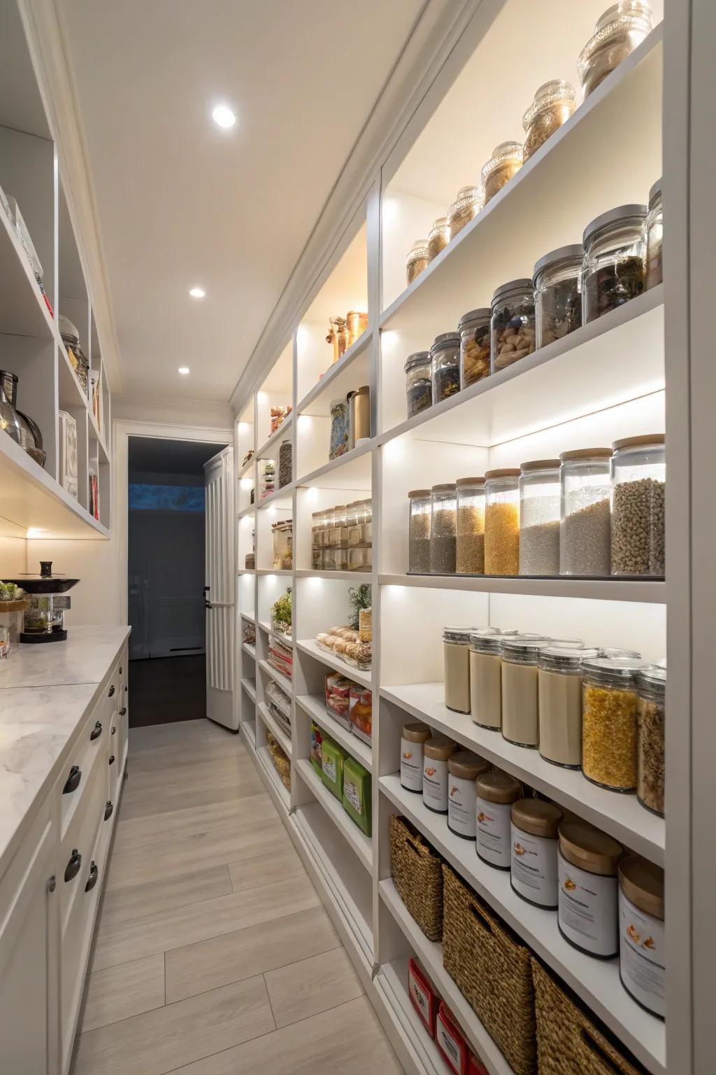 A spacious walk-in pantry featuring efficient shelving and elegant lighting.