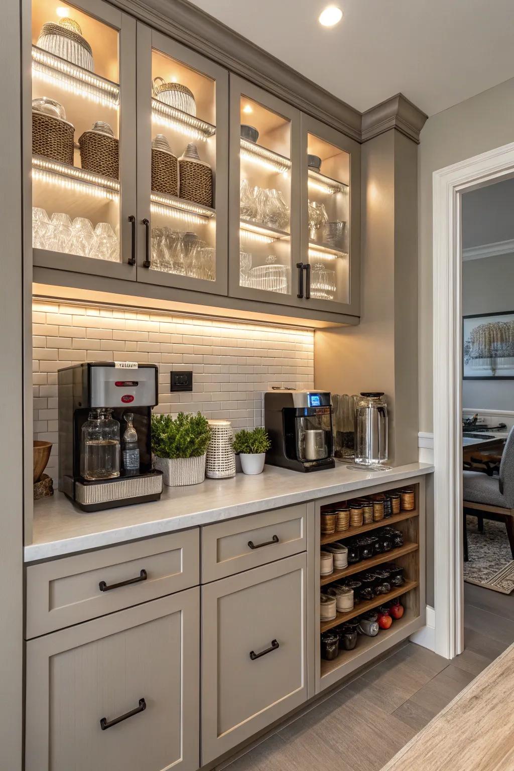 A fully integrated coffee station with custom cabinets for a clean, unified appearance.