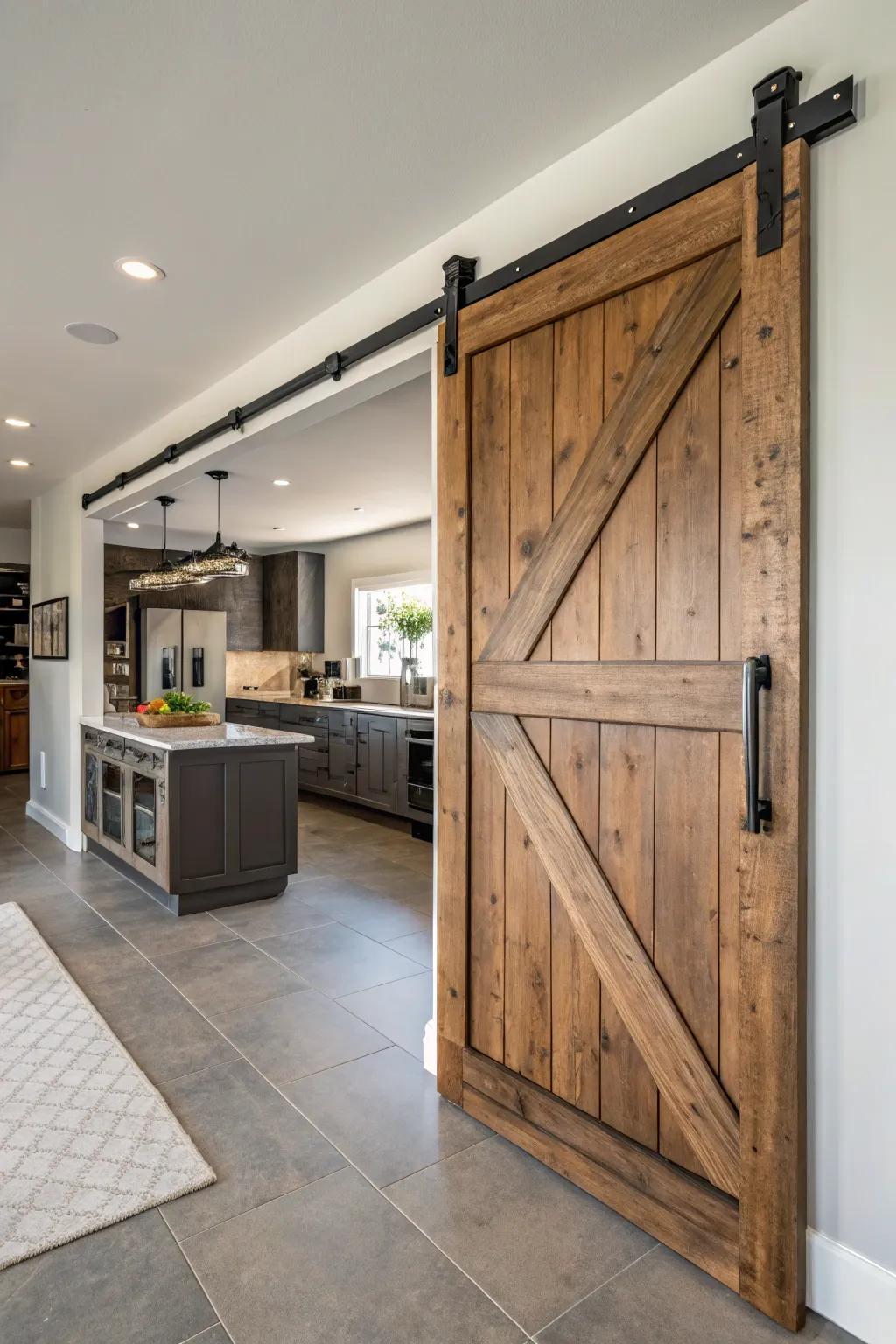 Barn-style doors infuse a sense of rustic charm and practicality into any kitchen environment.