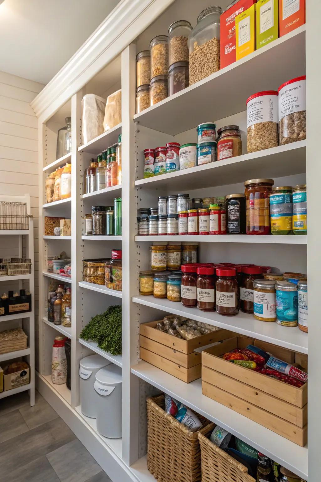 Custom pantry shelving is perfect for taking advantage of vertical space and all types of storage requirements.