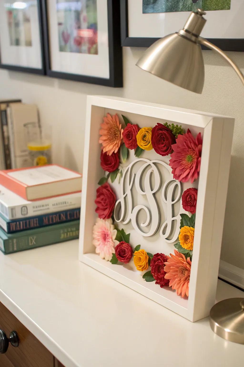 A monogrammed shadow box offers a personalized element to any space.