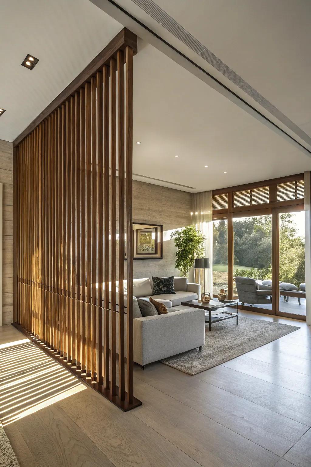 Upright wooden slats introduce elegance and warmth into any space.