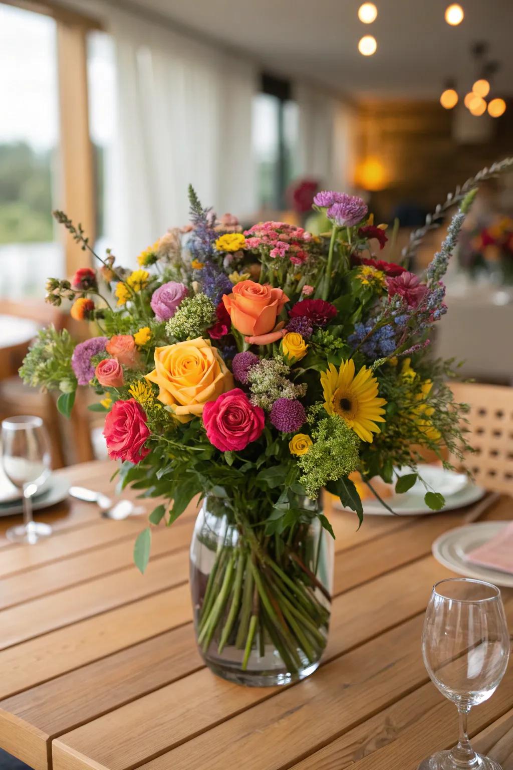 A bright floral display for a party centerpiece.