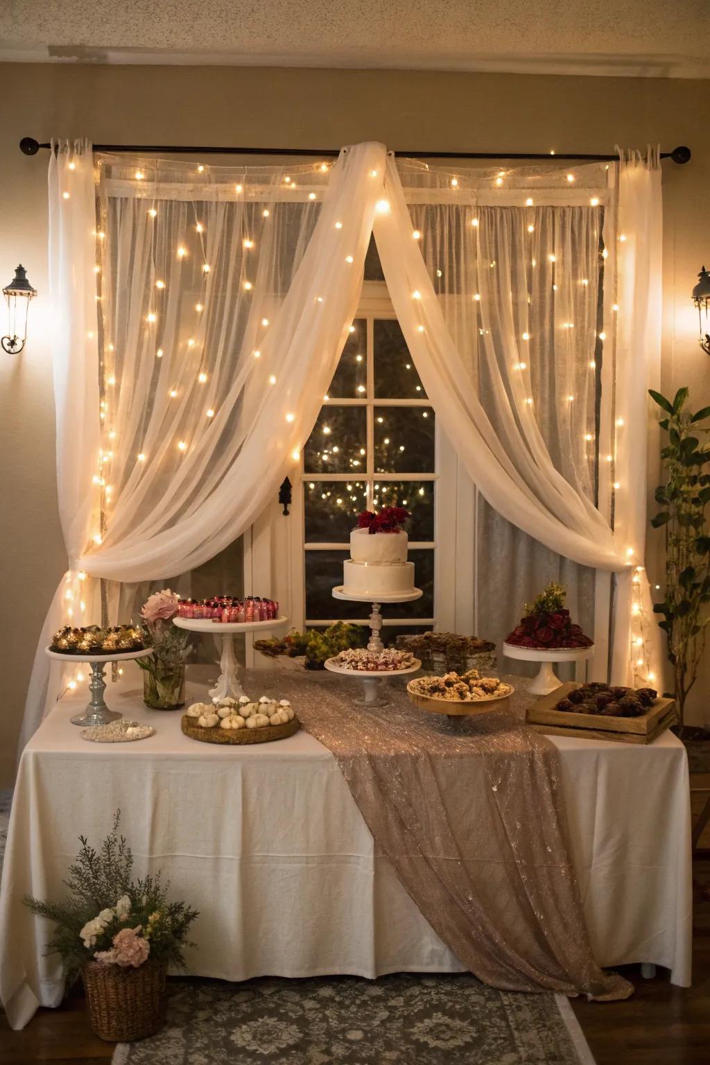 A thematic setting featuring cloth and lighting that enriches the dessert presentation.