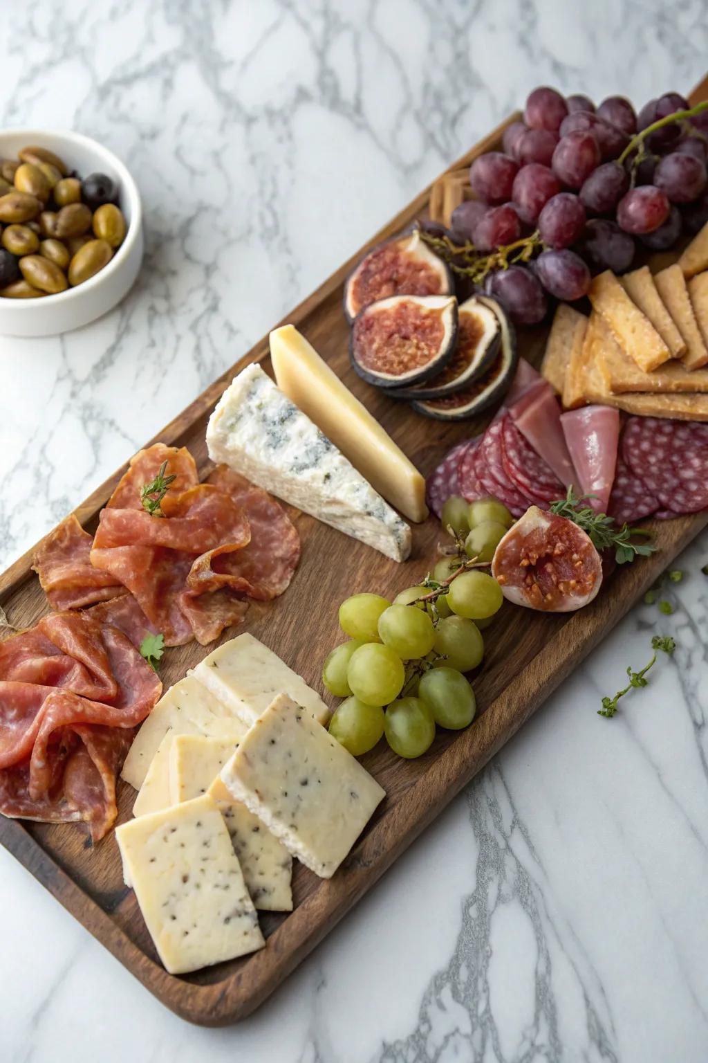 A refined cheese and charcuterie arrangement filled with gourmet selections.