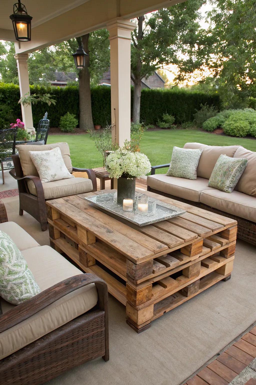 A DIY pallet coffee table enhancing a comfortable patio setup.