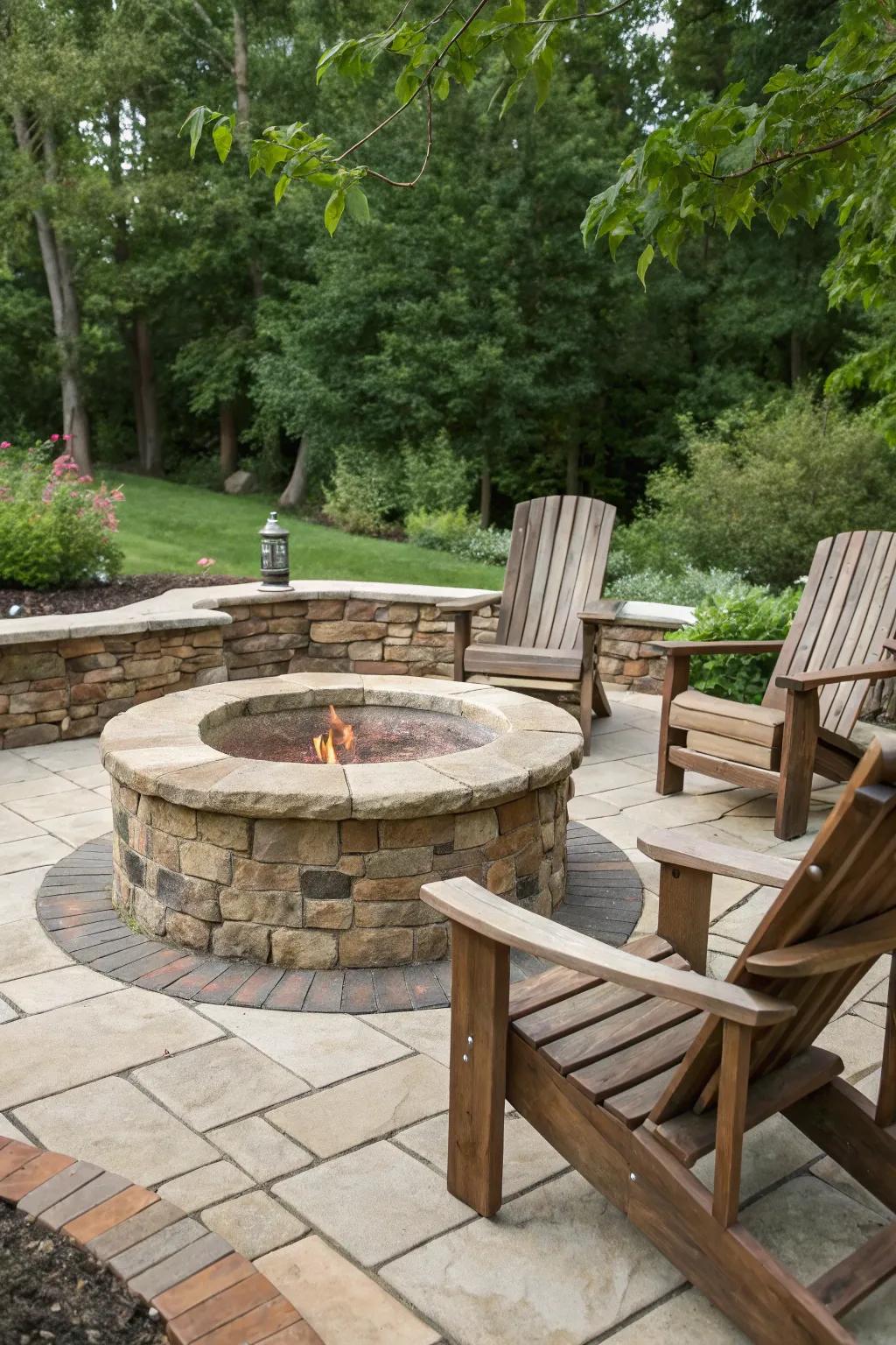 A classic stone and brick fire pit makes for a timeless place to gather.
