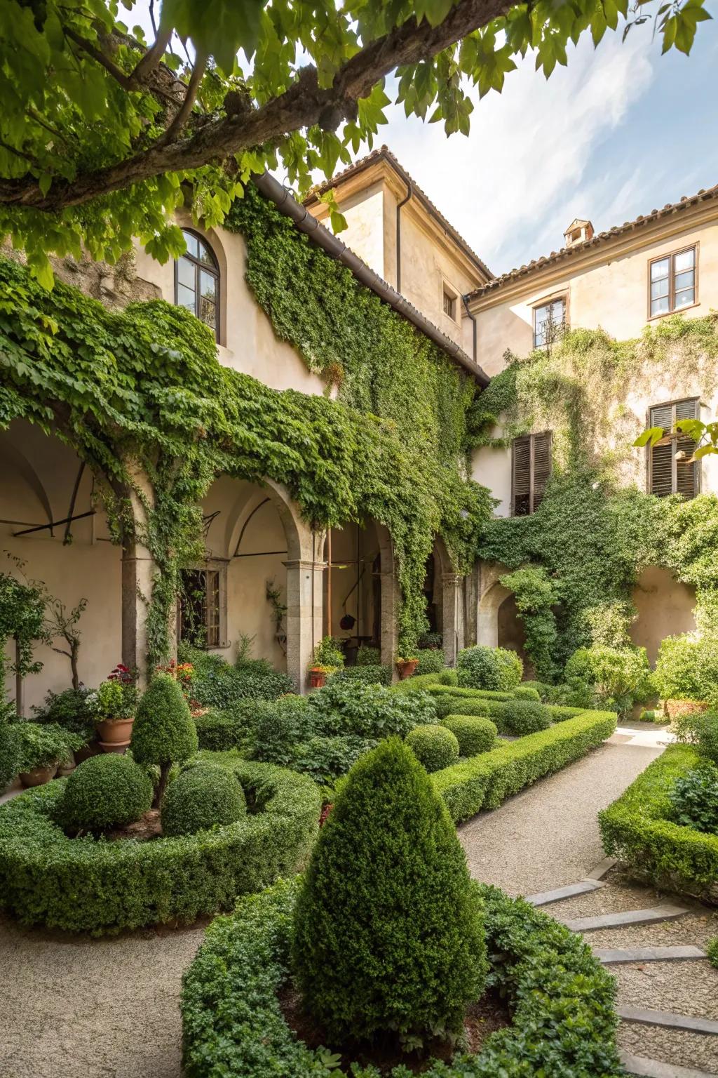 A welcoming Italian courtyard garden showcasing its lush greenery.