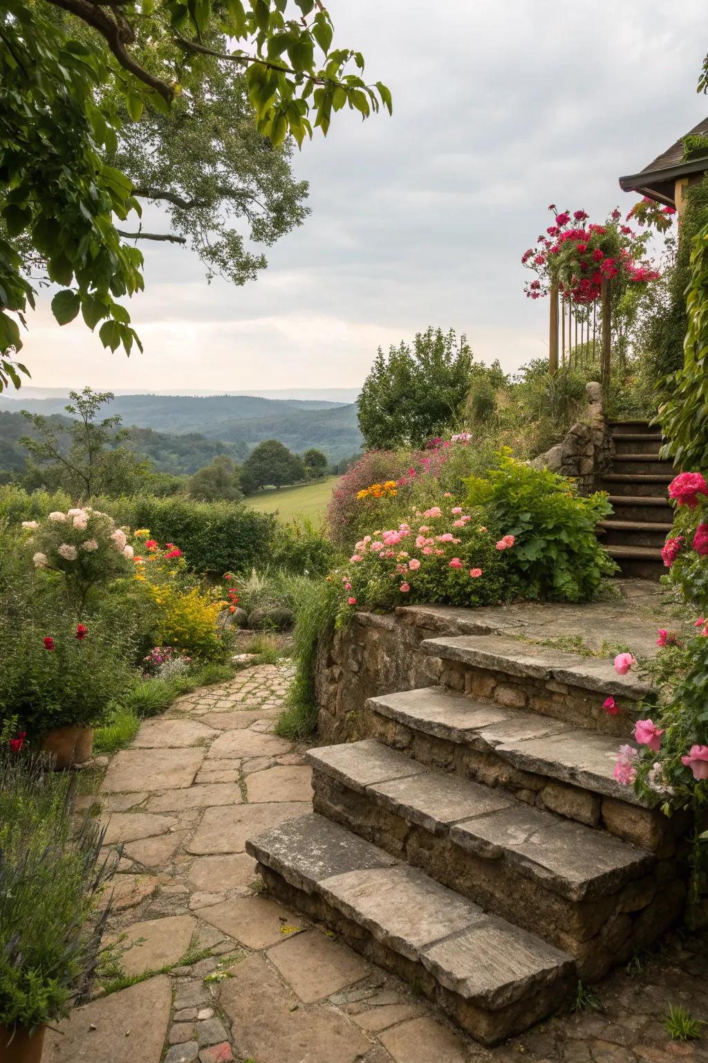 Natural stone steps effortlessly harmonize with the surrounding nature.