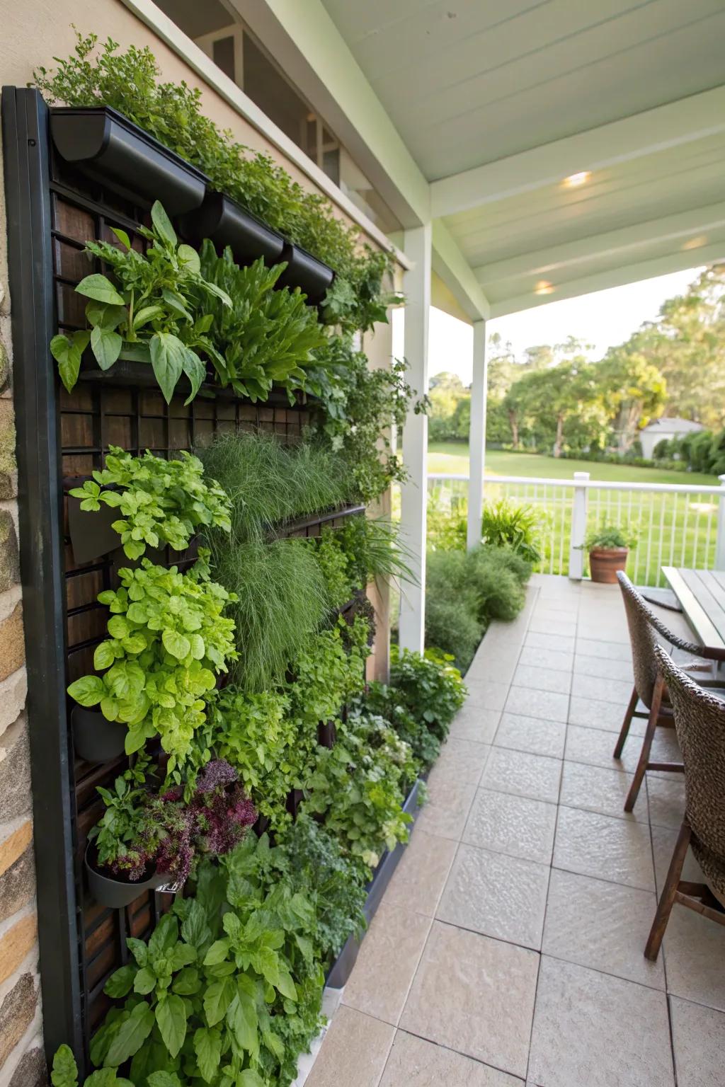 An upright garden wall overflowing with fresh herbs and greens.