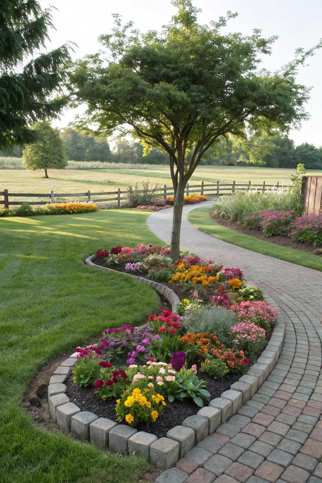Curved paver flower beds introduce a refined touch to any garden landscape.