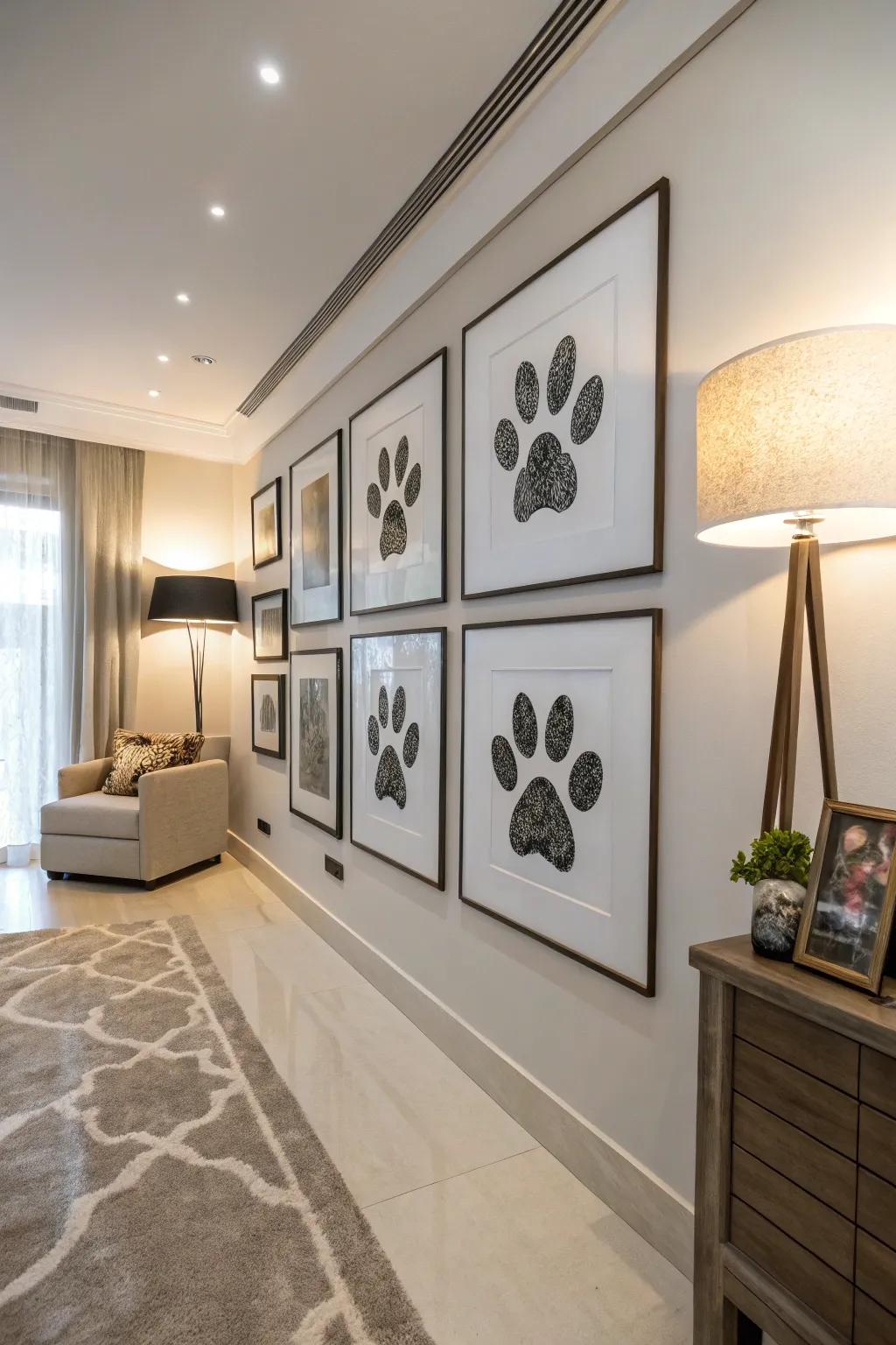 A framed paw print art piece adds character to a stylish space.