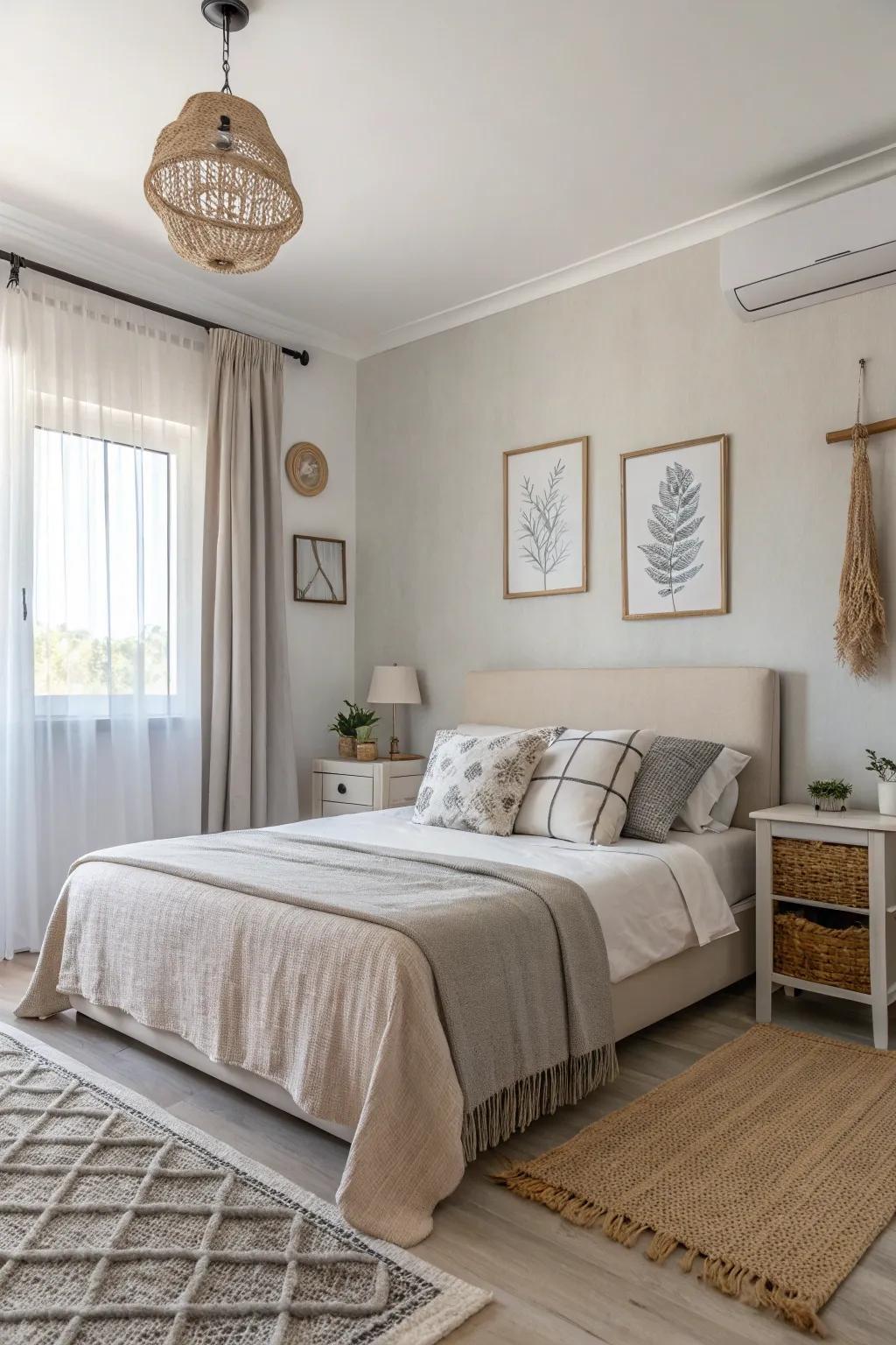 A bedroom filled with soft, neutral tones, exuding a minimalist, tranquil design.