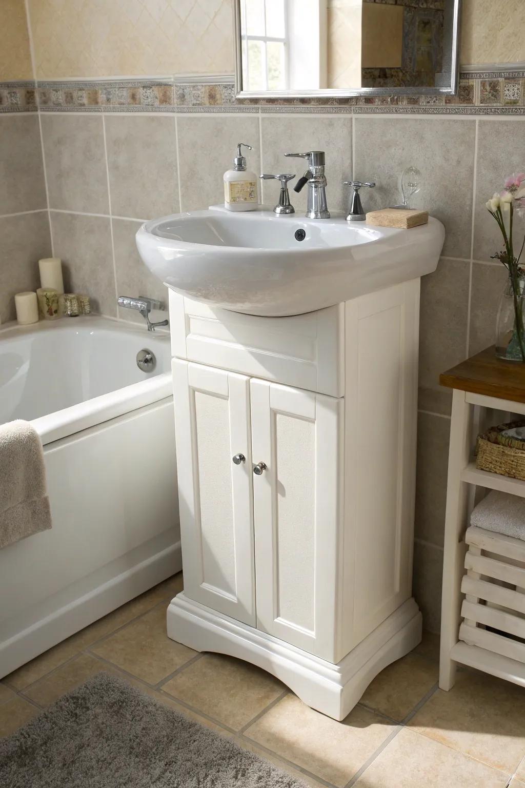 A stylish under-sink cabinet provides concealed storage.