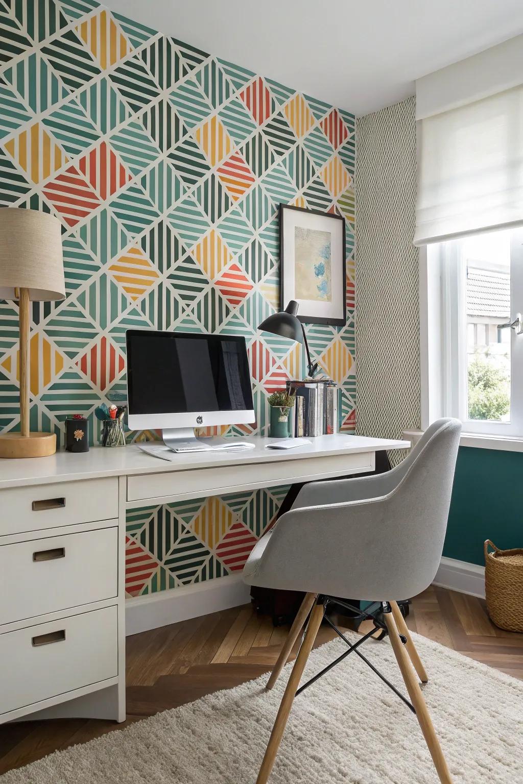 Create an inspiring home office with bold wallpaper patterns.