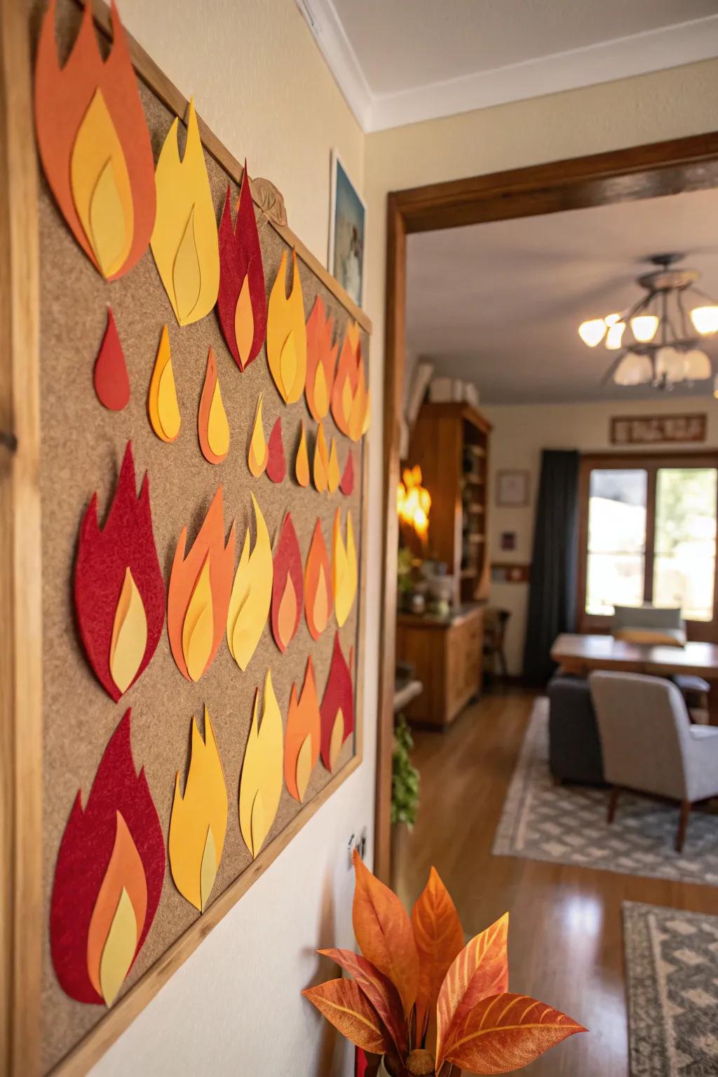 The spirit of Pentecost is evoked by layered paper flames in vivid hues.