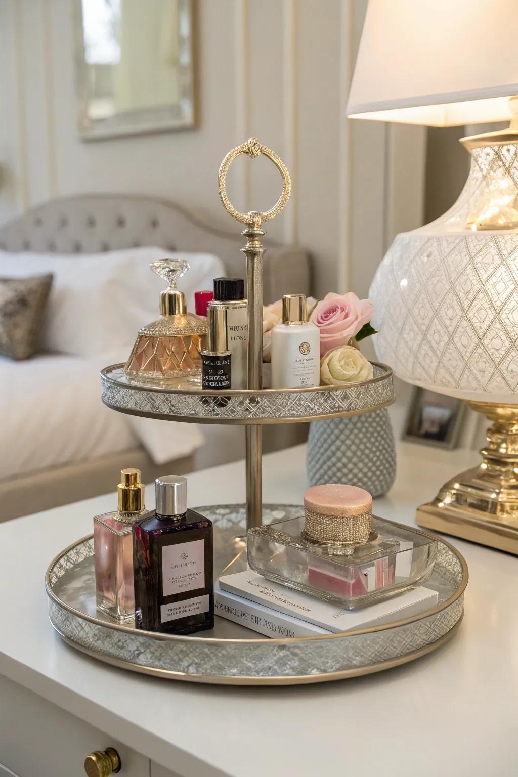 A tiered tray showcasing assorted perfumes, ideal for saving space and adding flair.