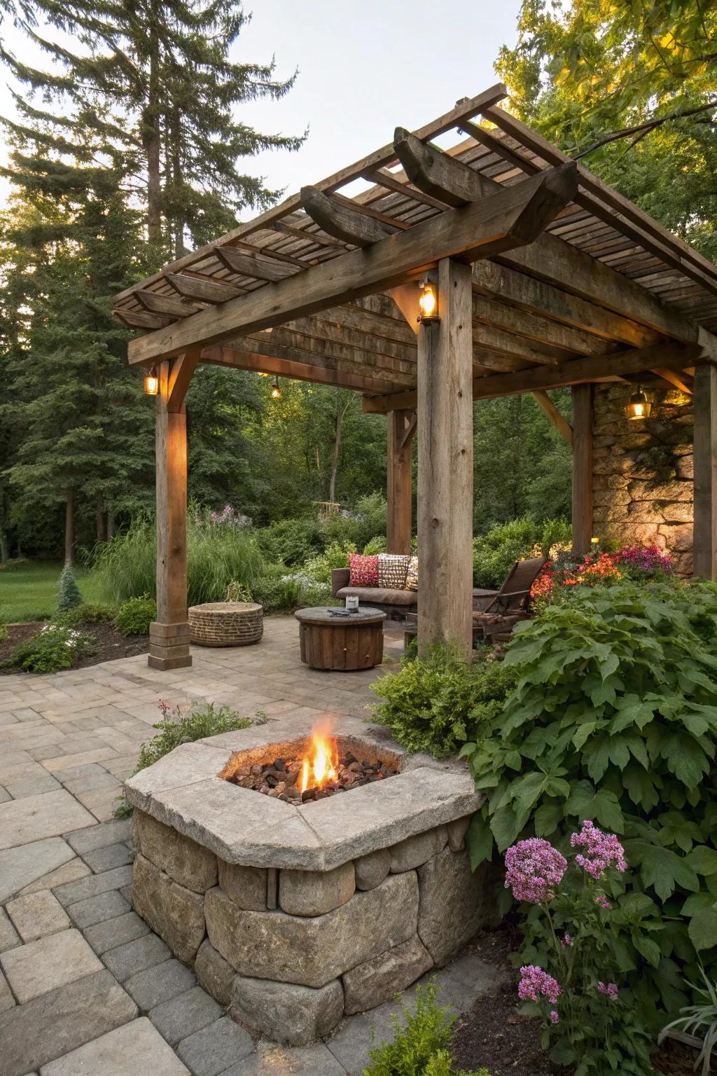Savor nature with a country wood and stone pergola fire pit.