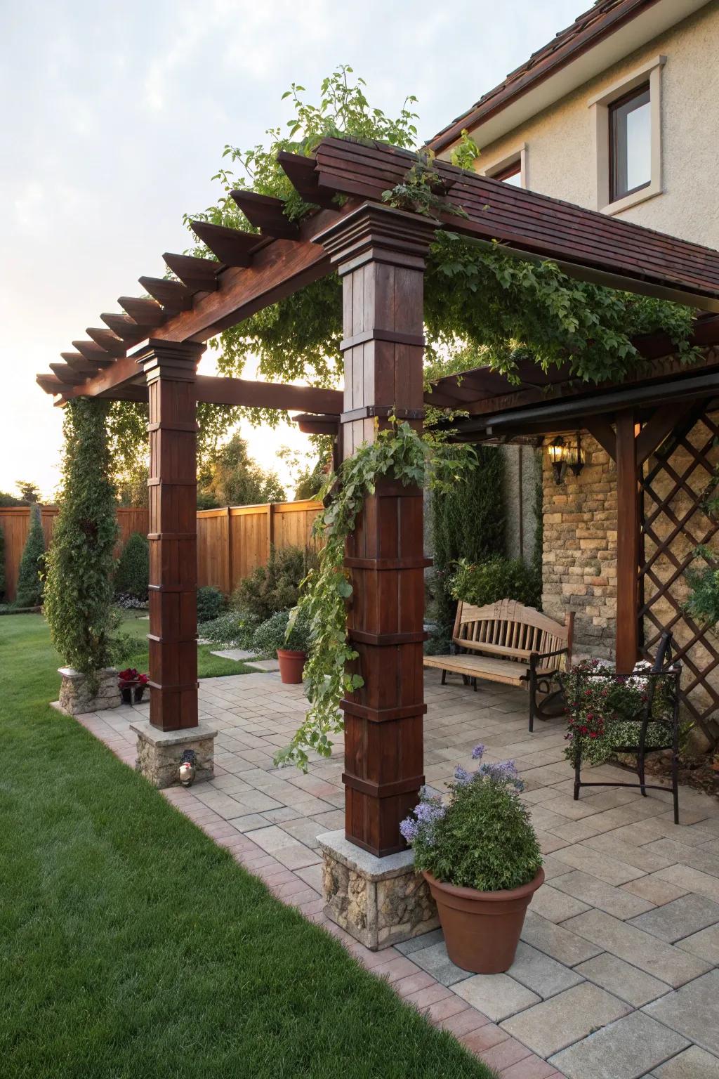 Timeless timber embellishments infuse pergola supports with an enduring elegance.