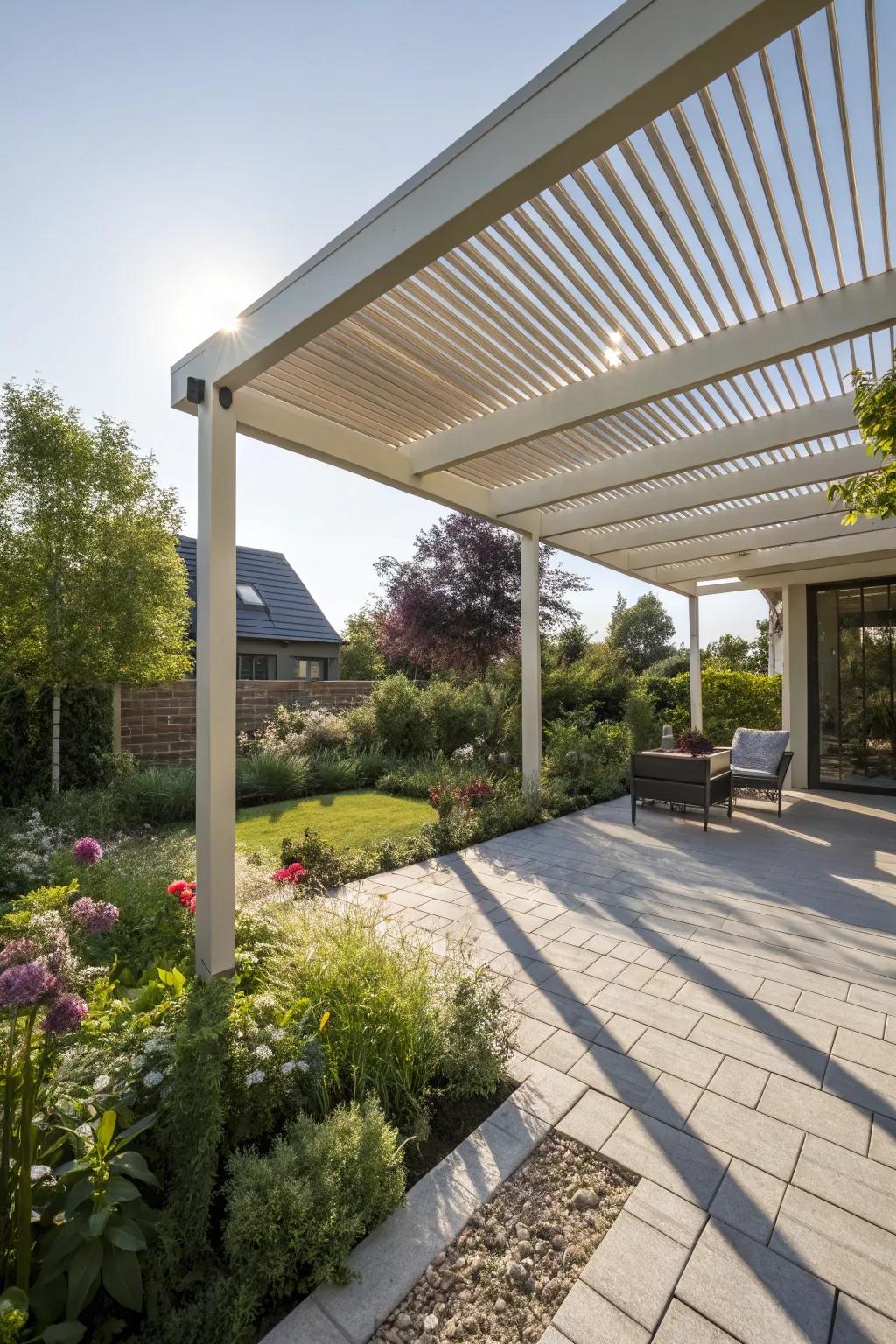 Enjoy adjustable shade and sunlight with a louvered roof.
