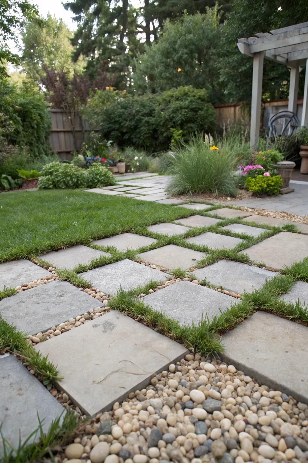 Interlocking stones paired with turf and crushed stone result in a captivating and practical patio.