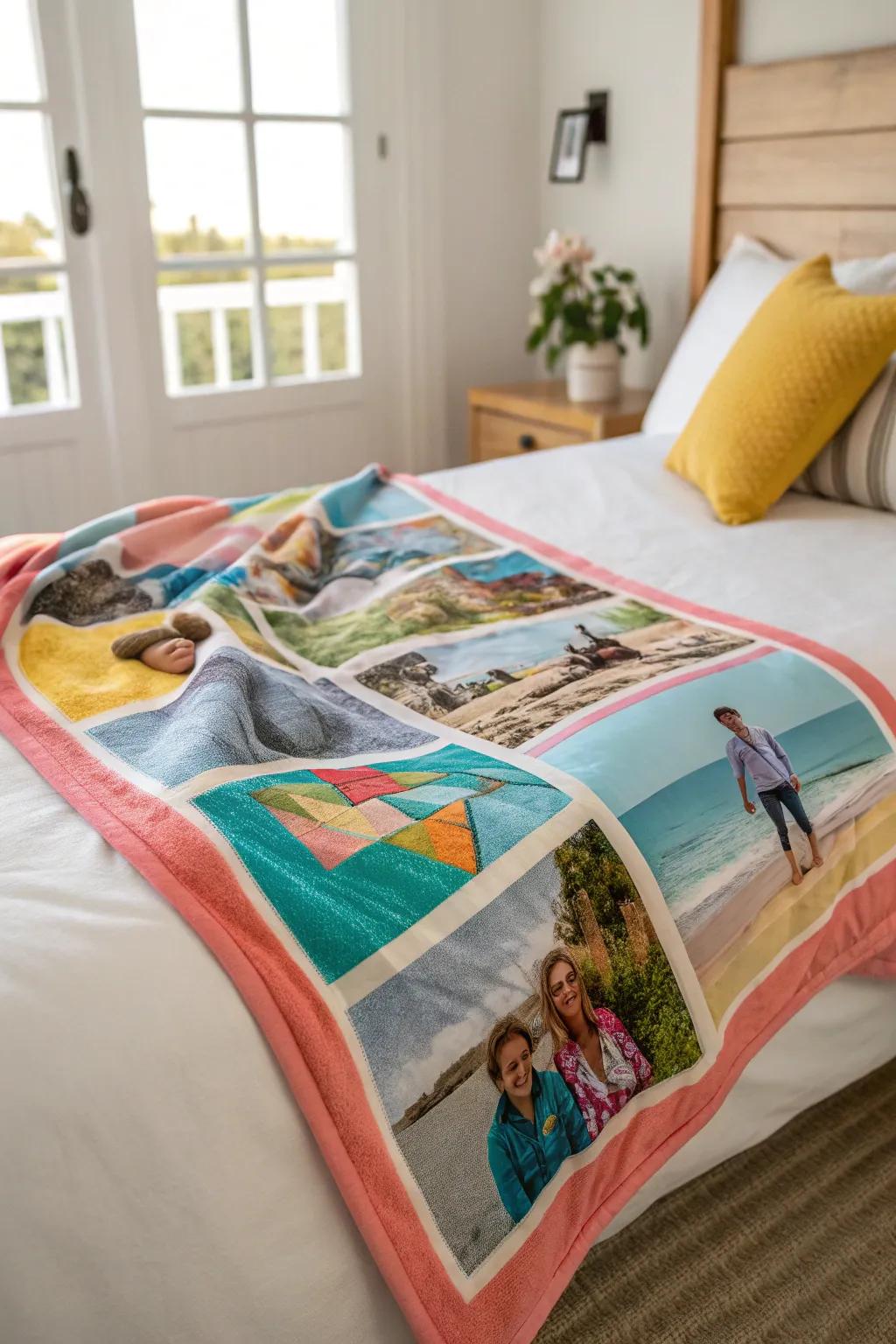 A soft blanket turned into a bright picture compilation, filled with family memories.