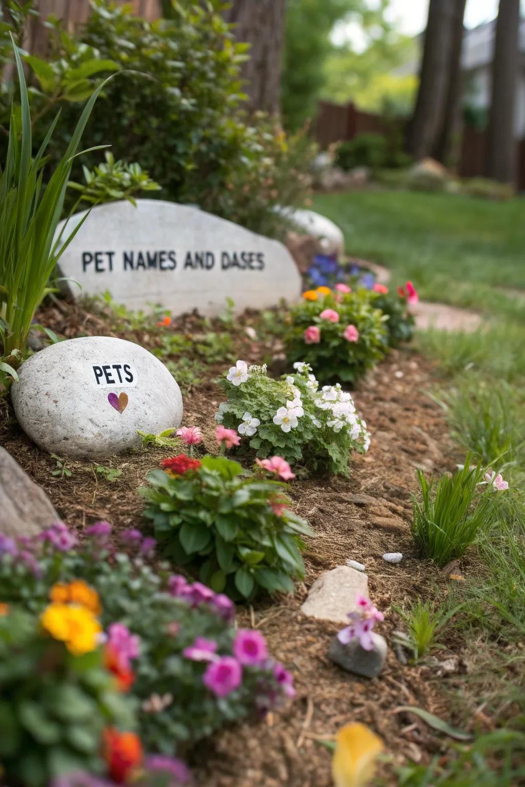 Engraved stones nestled among blooming flowers, adding a personal touch to the garden.