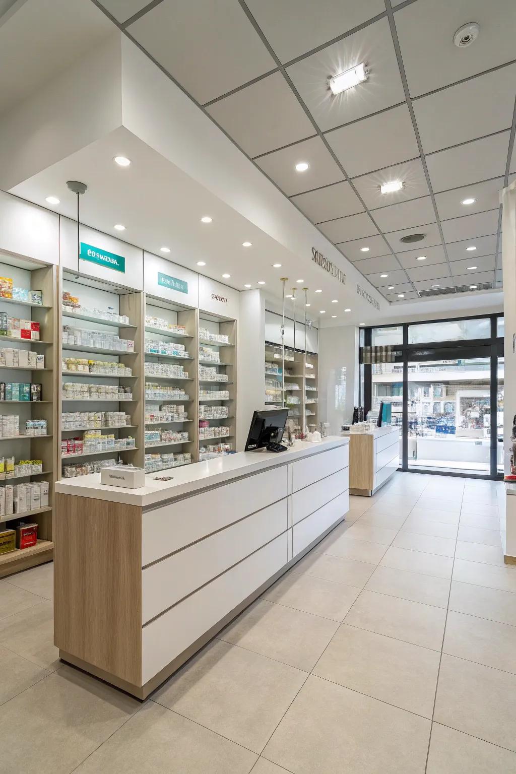 A pharmacy adopting a modern and minimalist design