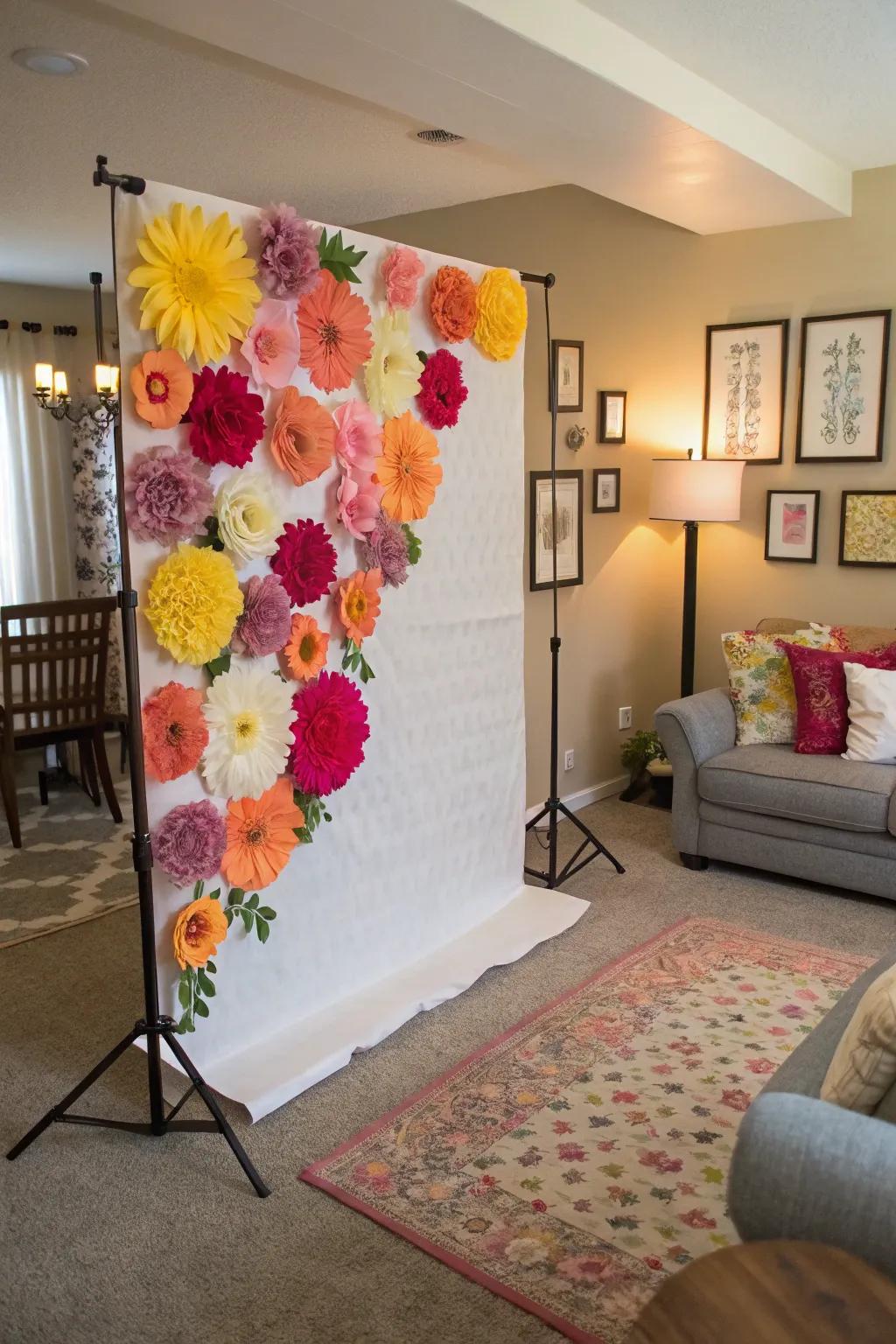 An eye-catching floral backdrop produces a dreamy and heartfelt photo booth.