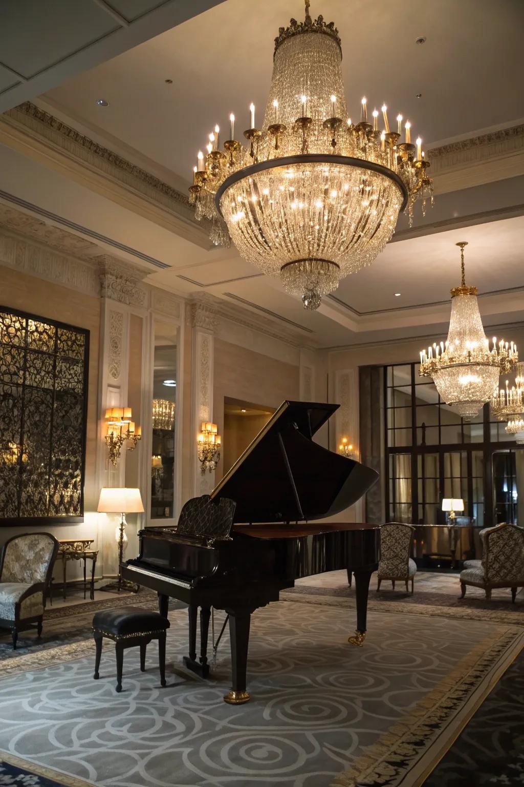 The overhead light enriches the piano room with elegance and refined lighting.