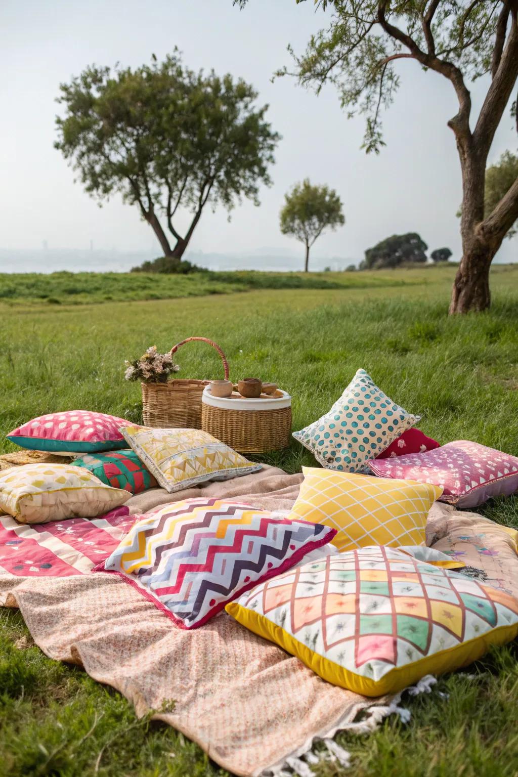 Comfortable and vibrant cushions make for a comfortable picnic vibe.