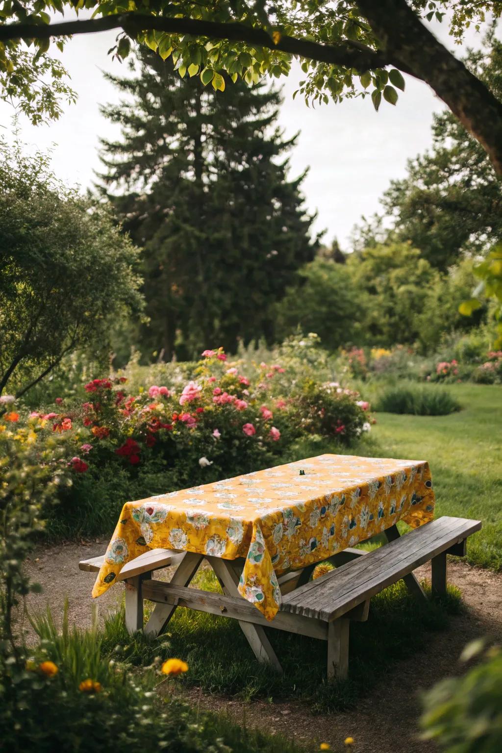 A striking tablecloth infuses color into this garden picnic ensemble.