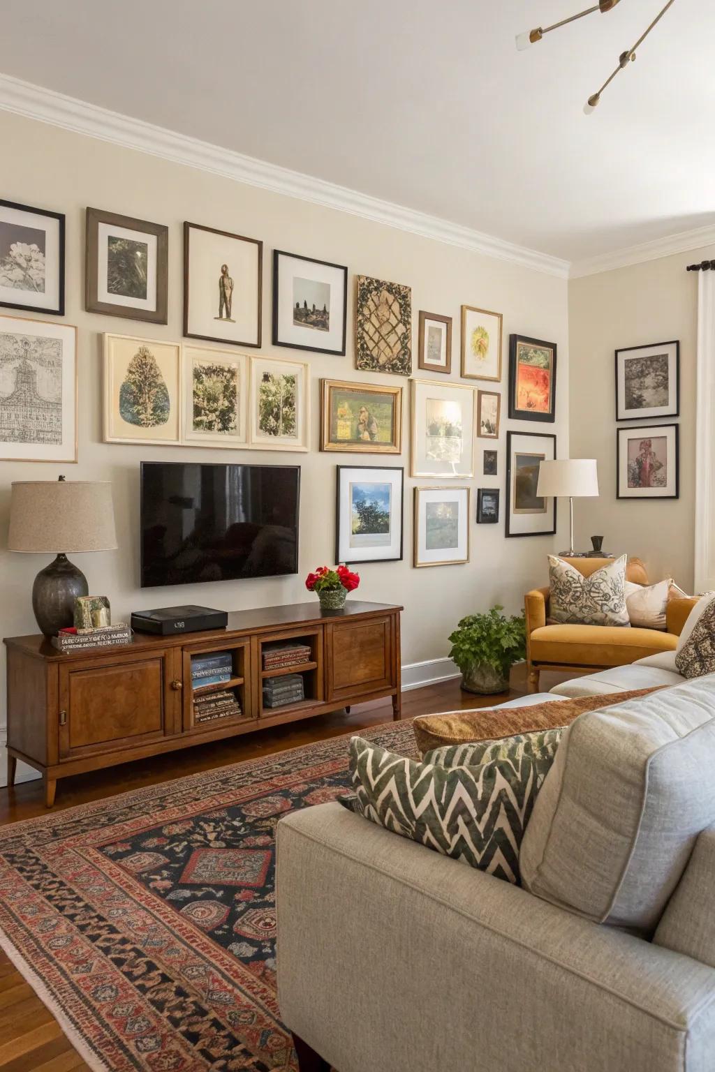 Traditional gallery walls blend personal mementos and chosen artworks seamlessly.