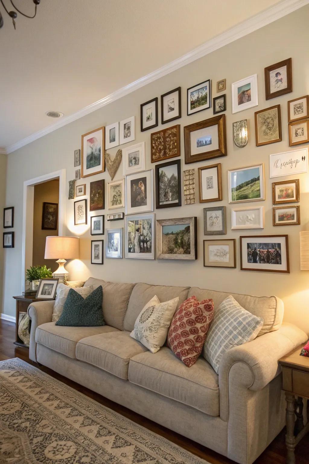 A personalized gallery display showcasing mixed art and photos.