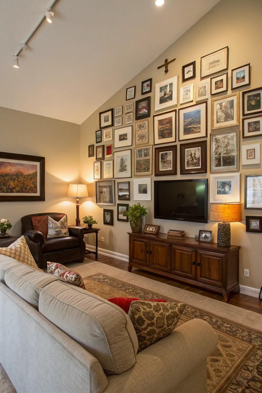 A living room picture wall with mixed frame designs.