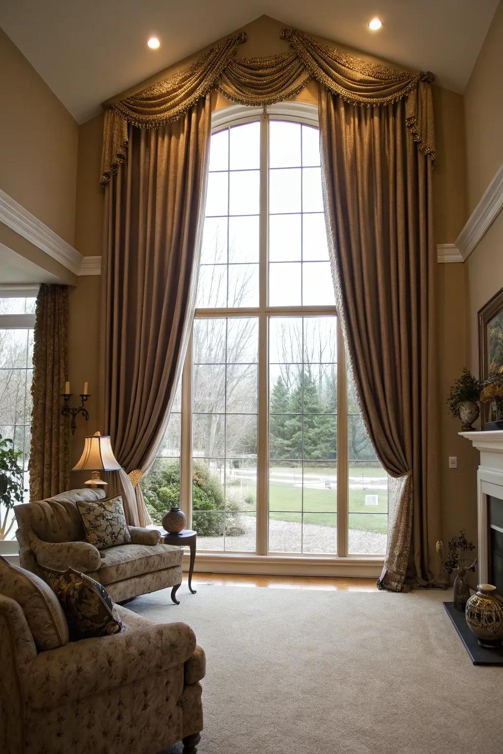 Elegant, floor-length drapes elevating a picture window in a stylish living space.