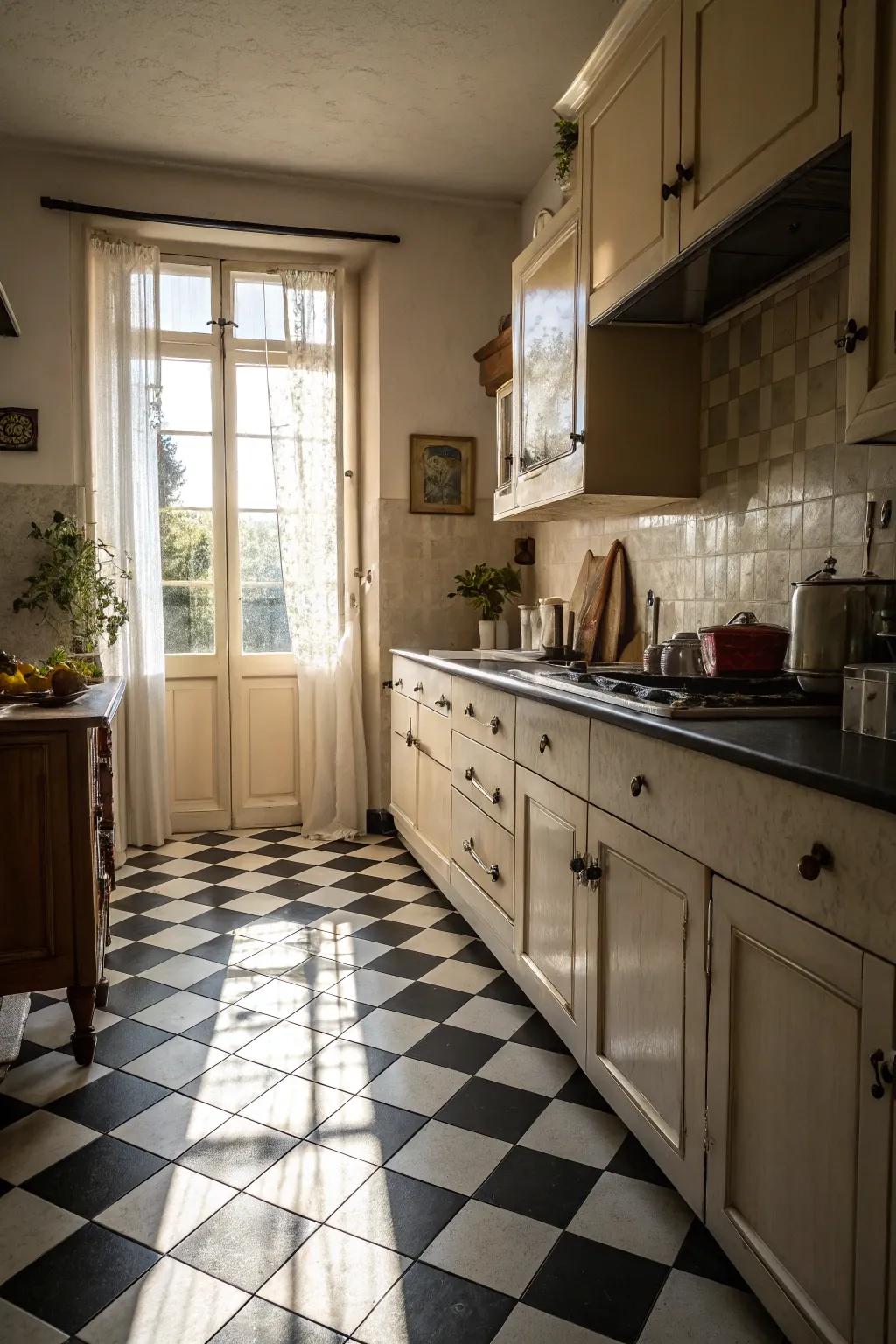 A classic checkerboard pattern adds a sense of timeless elegance to any kitchen.